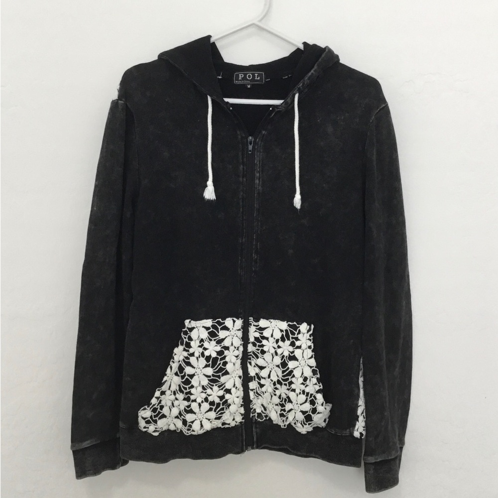 POL - Women's Fill Zip Cotton Hoodie with Crochet Lace Details, Gray, M
